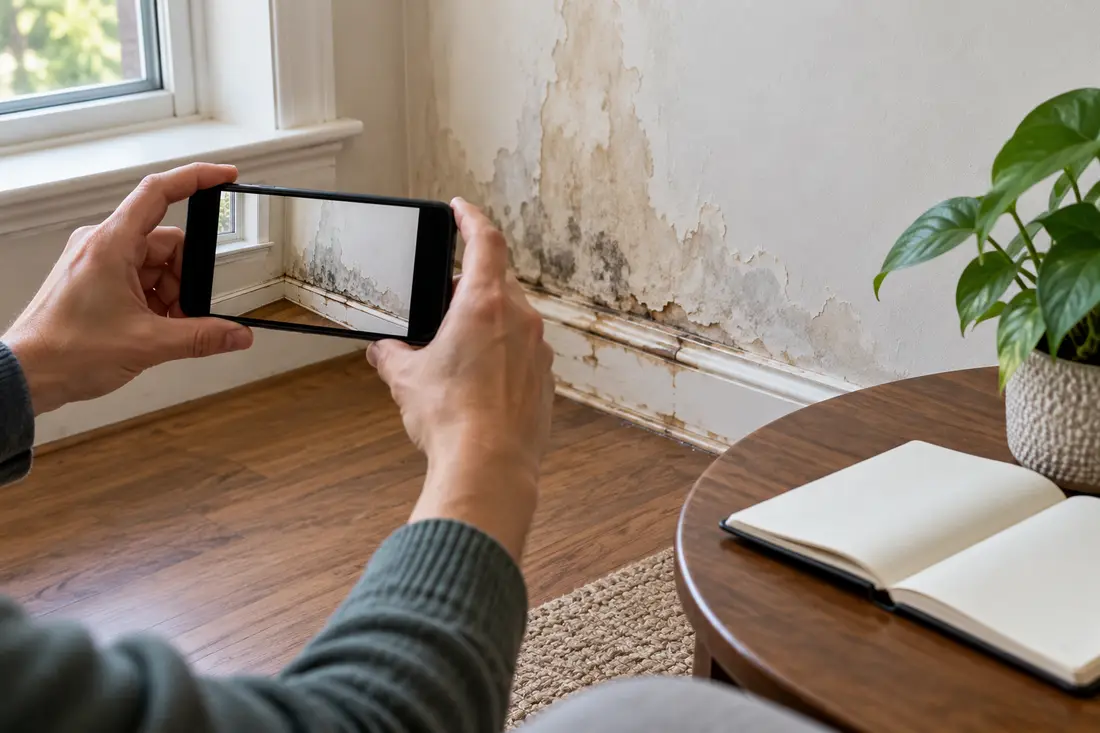 AI-generated scene of a homeowner photographing a water-stained wall