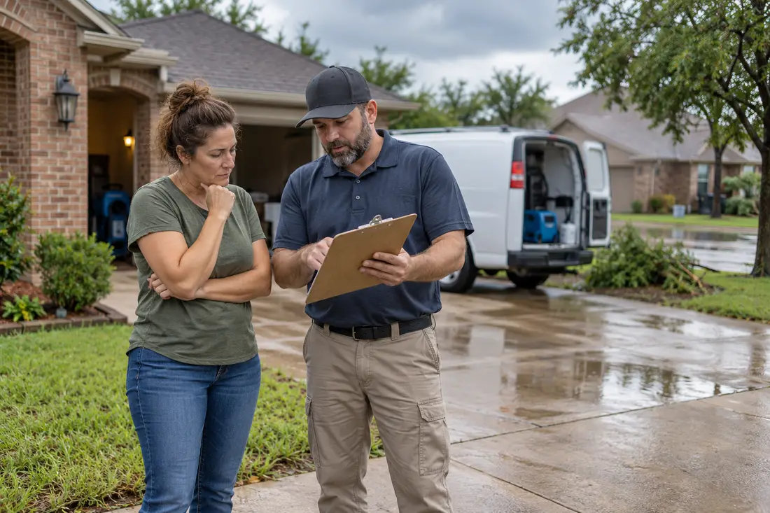 AI-generated scene of a homeowner discussing a restoration assessment outside a Texas-style home