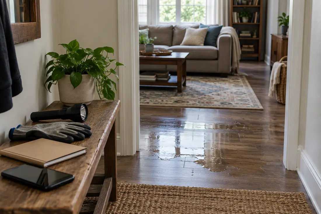 AI-generated scene of first-day planning supplies beside a water-affected living room