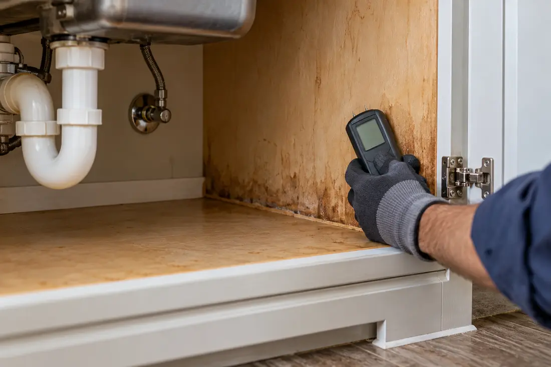 AI-generated scene of moisture testing inside a water-stained kitchen cabinet