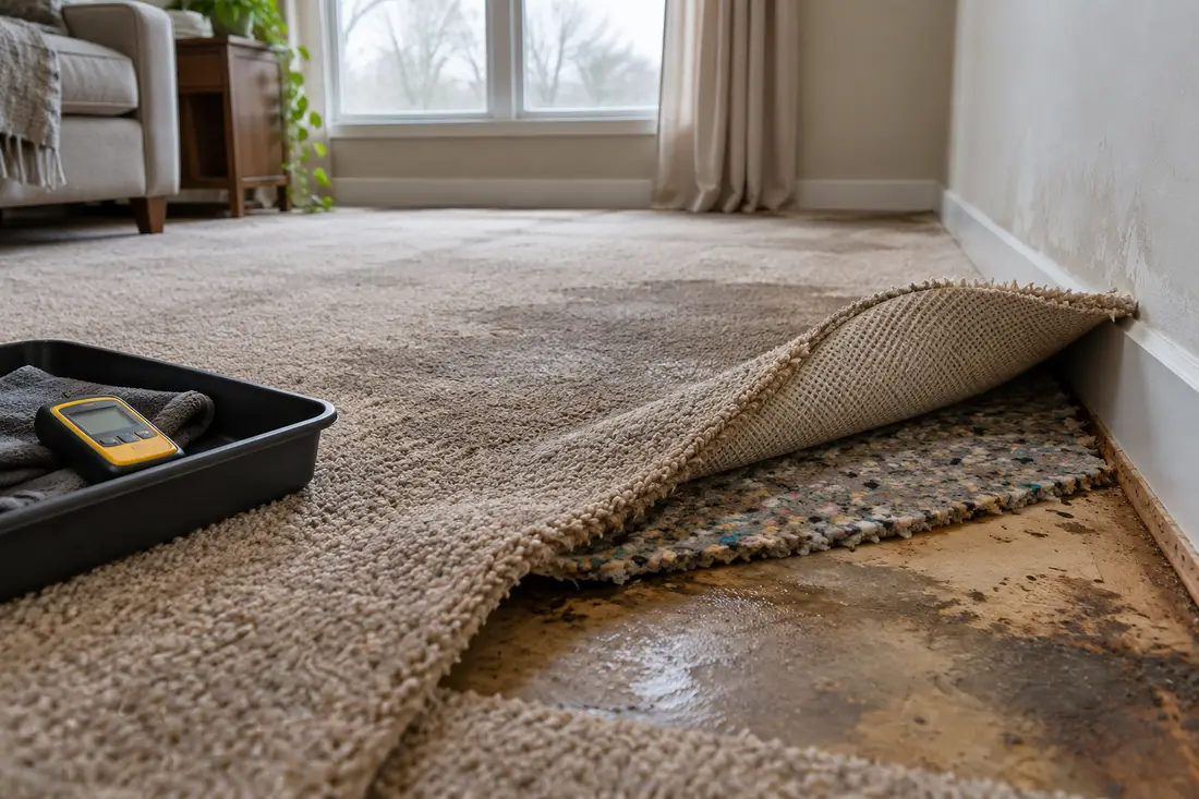 AI-generated scene showing damp carpet, padding and the floor beneath during an assessment