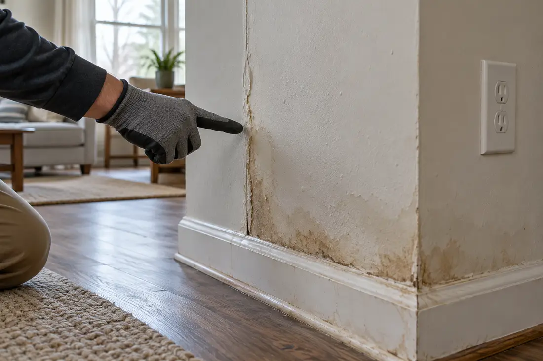 AI-generated scene of a water-stained drywall seam being assessed